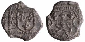 SCL-9101 - Sceau de douane : Lyon, Louis XIV
plomb
Petits plombs à tunnel simple. 
Droit : Écu royal, date verticale à gauche, 1663 dans un grènetis carré.
Revers : Armes de la ville de Lyon dans un écu chantourné, le tout dans un grènetis carré de points ou de traits oblongues.