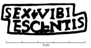 SIG-4074 - Empreinte antique de signaculum métallique sur amphore : SEX VIBI ESCENTIS
terre cuite
TPQ : 60 - TAQ : 150
Empreinte antique de signaculum métallique sur amphore : dans un cadre sur deux lignes décalées, SEX.VIBI / ESCENTIS.