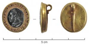 SIG-6003 - Sceau à intailleor, pierreTPQ : 1150 - TAQ : 1250Sceau-matrice consistant en une intaille entourée d'une large platine inscrite ; anneau de suspension.