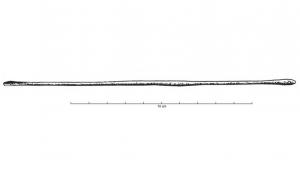 SSP-4038 - Sonde double fine (dipyrene)
bronze
Instrument double constitué d'une tige mince et effilée, terminée à chaque extrémité par un épaississement en forme d'olive. L'une des extrémités olivaires peut être percée et former ainsi une sonde à œillet.