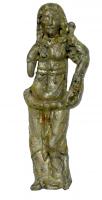 STE-4280 - Statuette : personnage féminin
plomb
TPQ : 50 - TAQ : 150
Divinité féminine, un serpent (?) enroulé autour des hanches et remontant sur l'épaule gauche ; le buste, couvert d'une fine tunique (plis), est orné de plusieurs rangs de chaînettes avec pendants.