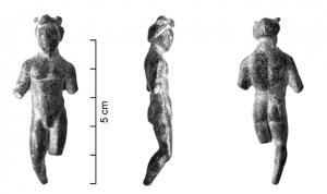 STE-4410 - Statuette de Mercure nu, en appui sur la jambe gauche, bourse à droitebronzeTPQ : -30 - TAQ : 500Debout, en appui sur la jambe gauche, légèrement déhanché. Tête tournée vers la droite. Deux ailerons et toupet dans la chevelure courte et épaisse, coiffée en bandeau. Pectoraux et sillon dorsal bien marqués. Bras droit devait présenter une bourse en geste d'offrande. Cuisses fuselées jointes.