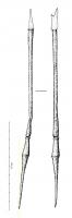 STY-4120 - Stylet
fer
Stylet à palette à bords concaves, dissociée du fût par un ressaut. La pointe, très allongée, est séparée du fût par une olive et une cannelure.