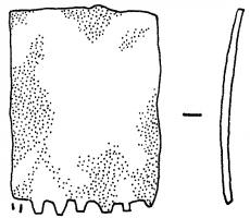 TPL-4001 - Lame de templet (?)
bronze
Plaquette rectangulaire en bronze, équipée sur l'un des petits côtés d'une série de dents courtes et régulièrement espacées : partie active d'un outil à lame interchangeable...?