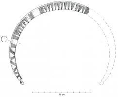 TRQ-1003 - Torque
bronze
Torque en tôle, jonc renflé et orné de groupes d'incisions parallèles, triangles hachurés etc.
