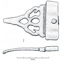 AGC-3010 - Agrafe de ceinturebronzeAgrafe à 4 ajours, dont la disposition évoque souvent, entre pleins et vides, une figure anthropomorphe aux bras et jambes écartées ; languette de fixation plate et percée.