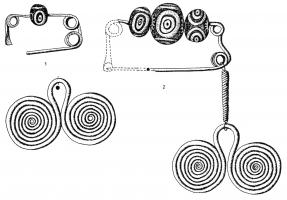 AGR-1004 - Agrafe à double spiralebronzeEnsemble constitué d'une agrafe et d'une contre-agrafe, pouvant se fixer l'une sur l'autre, chaque élément étant constitué d'un fil mince aux extrémités enroulées en spirales divergentes.
