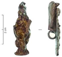AML-9002 - Amulette : sainte avec palmebronzePersonnage féminin en longs vêtemenst traînant sur le sol, la tête couverte par un voile et tenant une palme dans la main gauche. Au revers, un anneau transversal et restes d'un tube vertical.