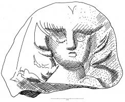 ANT-4001 - Antéfixe : Tête féminineterre cuiteAntéfixe moulée, ornée en façade d'une tête féminine, sans palmette autour.
