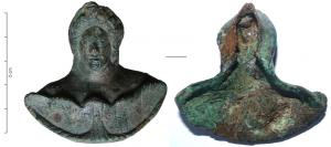 APM-4033 - Applique de meuble : buste fémininbronzeApplique à base irrégulière, fixée par un tenon en fer ; buste féminin émergeant d'une corolle végétale.