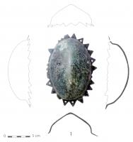 BCE-1001 - Umbo de bouclierbronzeUmbo de bouclier de profil caréné, à base ovale et forme légèrement oblong, bordure en dents de scie percée de 7 à 8 trous pour les clous de fixation