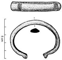 BRC-1075 - Bracelet ouvert à tamponsbronzeBracelet ouvert de section ovalo-triangulaire, face interne convexe, à tampons ; décor de lignes parallèles longitudinales et transversales.
