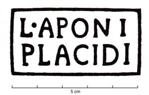 COV-4103 - Tuile estampillée L. APONI PLACIDIterre cuiteTPQ : -30 - TAQ : 300Empreinte antique d'un signaculum métallique sur tuile : L. APONI PLACIDI.