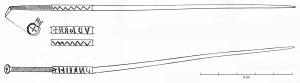 CRO-5001 - Cure-oreille à renflement de section carrée - gr. 5cbronzeInstrument doté d'une tige lisse, effilée d'un côté et comportant à l'extrémité opposée une extrémité aplatie ou légèrement creuse, oblique par rapport à la tige. La caractéristique principale du groupe 5c est la présence d'un renflement de section carrée au tiers de la tige, parfois porteuse d'une inscription ou encadrée de moulures.