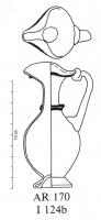 CRU-4090 - Cruche AR 170verreTPQ : 1 - TAQ : 300Cruche à panse ovoïde, profil sinusoïdal continu (sauf un décor de filets rapporté à la base du col et sous la lèvre) entre un pied annulaire, replié sur lui-même au pontil, et un bec verseur  largement déformé ; anse rapportée entre la lèvre et l'épaule.