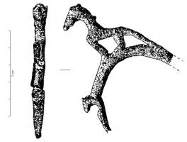 CRU-5003 - CrucheplombAnse de cruche dont le sommet est égrémenté de quadrupèdes superposés : un cheval, tête en bas, sert de poucier.
