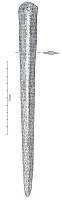 EPE-1048 - Épée atypique à languette arrondiebronzeEpée courte à languette arrondie non débordante, percée d'un trou de rivet. Les bords des tranchants sont rectilignes et un renflement axial commence sous le trou de rivet.