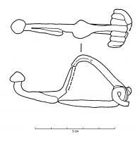 FIB-2004 - Fibule à pied redressébronzeFibule à arc cintré et légèrement renflé à son sommet. Cette fibule possède un ressort bilatéral court ; le pied marque un angle droit et se termine par un bouton conique. 
