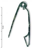 FIB-3002 - Fibule de Nauheim, type F.5a0bronzeTPQ : -120 - TAQ : -50Ressort à 4 spires et corde interne ; arc plat, triangulaire et tendu ; porte-ardillon trapézoïdal ajouré et arc avec un décor indéterminable.