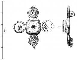 FIB-41084 - Fibule émaillée cruciformebronzeTPQ : 150 - TAQ : 275Fibule de composition cruciforme autour d'un carré central émaillé et à gradins; sur chacun des côtés, élément composé d'un  disque à double couronne émaillée.