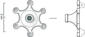 FIB-41912 - Fibule circulaire émailléebronze, émailFibule circulaire à décor d'appendices en étoile, ornés par des cercles concentriques aux extrémités ; le corps principal est un cône à bords concaves, terminé par un disque émaillé ; au revers, charnière à deux plaquettes coulées, pour une charnière.