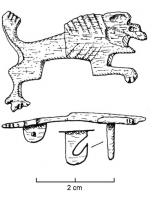 FIB-4323 - Fibule zoomorphe : lionbronzeTPQ : 100 - TAQ : 200Fibule en forme de lion bondissant à droite, incisions obliques sur le corps ; seules 2 pattes sont figurées.