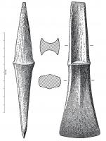 HCH-1128 - Hache à talon à bourreletbronzeHache à talon, variante du type du Centre-Ouest, caractérisée par un bourrelet ou des excroissances latérales au niveau de la butée.