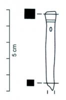 IND-3075 - Tige perforéealliage au plombTige de section carrée en métal fortement allié de plomb présentant à l'une de ses extrémités un élargissement ainsi qu'une perforation de forme ovalaire immédiatement sous celui-ci.