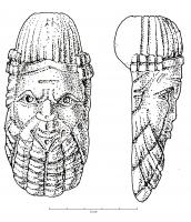 IND-4331 - ArticulationbronzeTPQ : -10 - TAQ : 10Applique avec articulation à l'arrière, en forme de tête de Silène : homme barbu aux traits grimaçants, coiffé d'un bonnet.