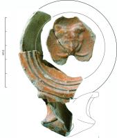 LMP-42744 - Lampe Loeschcke I : Méduseterre cuiteTPQ : 1 - TAQ : 70Lampe moulée, avec large bec à volutes et grand médaillon rond décoré d'une tête de Méduse, de face, avec des serpents autour du cou ; Trou d’évent : fente à la base du bec.