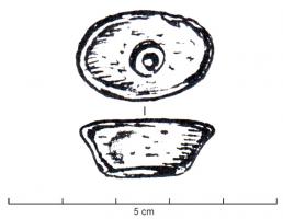 PDS-4200 - Poids ovale (section de cône ovalisé) : 1 unciaplombPoids de forme approximativement ovale en plan, aux côtés obliques; face supérieure marquée d'1 point (1 uncia).