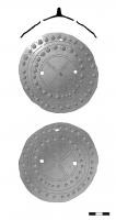 PHH-1007 - Phalère à bossettesbronzeApplique décorative, de forme conique, orné de cercles incisés et de couronnes de bossettes estampées ; perforations pour fixation cousue ; sommet en pointe.