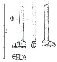 POU-4009 - Objet en ososPoupée (?) dont la jambe rapportée se présente sous la forme d'une tige de section circulaire, à l'extrémité de laquelle est figurée un pied chaussé d'une sandale.