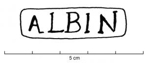 SIG-4056 - Empreinte antique de signaculum métallique sur amphore : ALBINterre cuiteTPQ : 60 - TAQ : 150Empreinte antique de signaculum métallique sur amphore : dans un cadre, ALBIN.