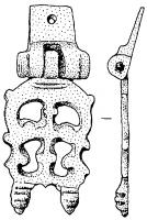 SPD-4004 - Suspension de pendant de harnaisbronzeSuspension de pendant de harnais à charnière, formée d'une simple plaquette carrée percée d'un trou pour le rivet de fixation, et prolongée par l'axe de la charnière du pendant.