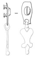SPD-4007 - Suspension de pendant de harnaisbronzeApplique de harnais destinée à la suspension d'un pendant : en forme de plaque hexagonale allongée, marquée au centre d'un bosse fendue (vulve), avec un anneau d'un côté, pour une suspension en position verticale.