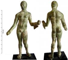 STE-3022 - Statuette : éphèbebronzeJeune homme nu, les cheuveux courts ceints d'un bandeau, le bassin déhanché vers la droite, le pied gauche en léger retrait, tenant un objet allongé dans la main droite et un autre dans la main gauche (pan de vêtement sur l'avant-bras horizontal).