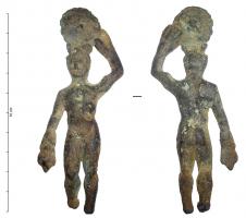 STE-4270 - Statuette : Hermès - Mercure au disquebronzeMercure nu, jambe droite légèrement pliée: il est coiffé d'un pétase ailé, et porte une bourse de la main droite; l'autre main, tient un disque au dessus de la tête.