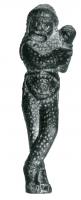 STE-4373 - Statuette : acteurbronzeTPQ : 1 - TAQ : 400Figurine représentant un acteur, avec son masque de théâtre caractéristique. Le corps nu est entièrement couvert de poils, indiqués par des ponctuations serrées : homme sauvage. 