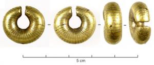 ANO-1038 - Anneau de type penannular-ring, pleinorTPQ : -1150 - TAQ : -750Anneau ouvert, de section ronde massive; variété ornée de bandes transversales d'or blanc (électrum) sur tout le pourtour.