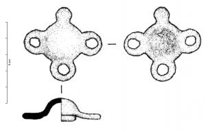 APH-4136 - Applique de harnaisbronzeTPQ : 1 - TAQ : 300Applique en forme d'umbo accosté de trois anneaux placés dans le même plan, un bouton sur le dernier côté.