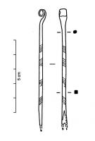 CPO-2003 - Coupe-ongle à tige inciséebronzeCoupe-ongle à tige de section ronde (variante a) ou rectangulaire (variante b), pointe bifide et tête enroulée. Le décor est constitué de fines incisions. 