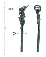 ETA-3002 - Étui à aiguillesferEtui à aiguilles en fer, reprenant la forme mieux connue en bronze : tube dont le sommet est équipé d'oreilles latérales pourvues d'anneaux ou de chaînettes.