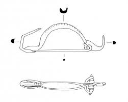 FIB-3550 - Fibule à double piedbronzeFibule à double pied, chaque appendice de section semi-circulaire et replié vers l'arc ; décors de fines incisions transversales. L'arc possède une section en 
