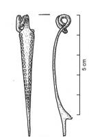 FIB-3929 - Fibule de NauheimbronzeFibule à ressort à quatre spires et corde interne. L'arc, tendu et rubané, est orné d'une ligne d'ocelles estampés ou incisés sur chaque bord