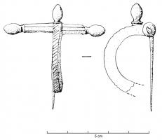 FIB-4262 - Fibule cruciforme Keller/Pröttel 1bronzeTPQ : 260 - TAQ : 320Fibule cruciforme précoce, à pied court, arc étroit et bras réduits, peu ou pas décorés et terminés par de tout petits bulbes; le bouton central fait corps avec l'arc.