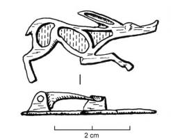 FIB-4331 - Fibule zoomorphe : chien ou renardbronzeTPQ : 120 - TAQ : 260Fibule en forme de chien ou renard courant à droite, aux longues oreilles obliques, longue queue redressée; corps creusé de plusieurs loges d'émail.