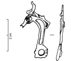 FIB-4821 - Fibule zoomorphe : animal fabuleuxbronzeFibule en forme de dragon, ou d'animal fabuleux, avec un long cou terminé par un anneau; corps émaillé.