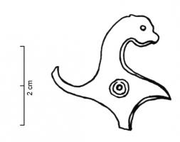 FIB-4824 - Fibule zoomporphe : monstre marinbronzeBroche en forme de monstre marin (?) à droite, corps marqué de cercles oculés.