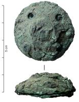 IND-3128 - Bonton tronconiquebronzeBouton tronconique semblant constitué de plusieurs objets en partie superposés, et visibles à travers des ouvertures circulaires.